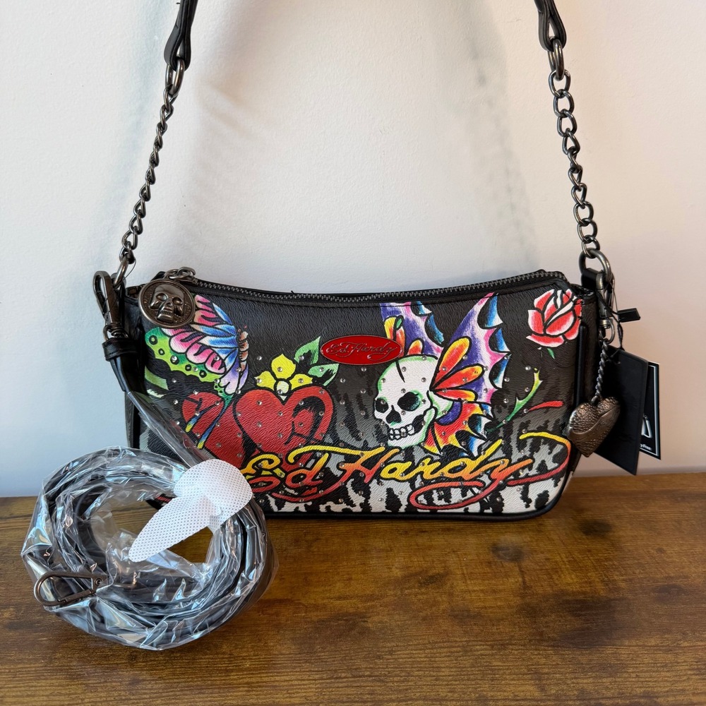 New Ed Hardy Black Leopard Shoulder Crossbody Handbag Skull Butterfly Charm